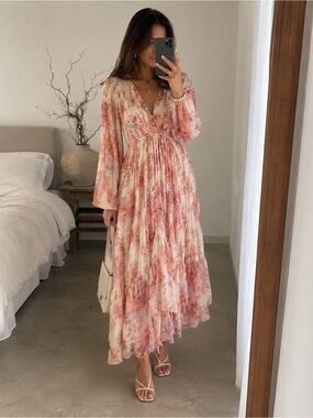 Zimmermann Devi Gathered Yoke Silk Floral Maxi Dress Long Sleeve Size 1